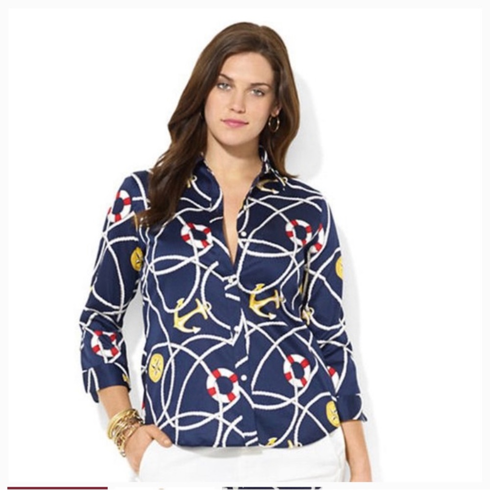 🛑Gorgeous Ralph Lauren Navy Anchor Nautical Cotton Sateen
Shirt Top Size M !!🛑